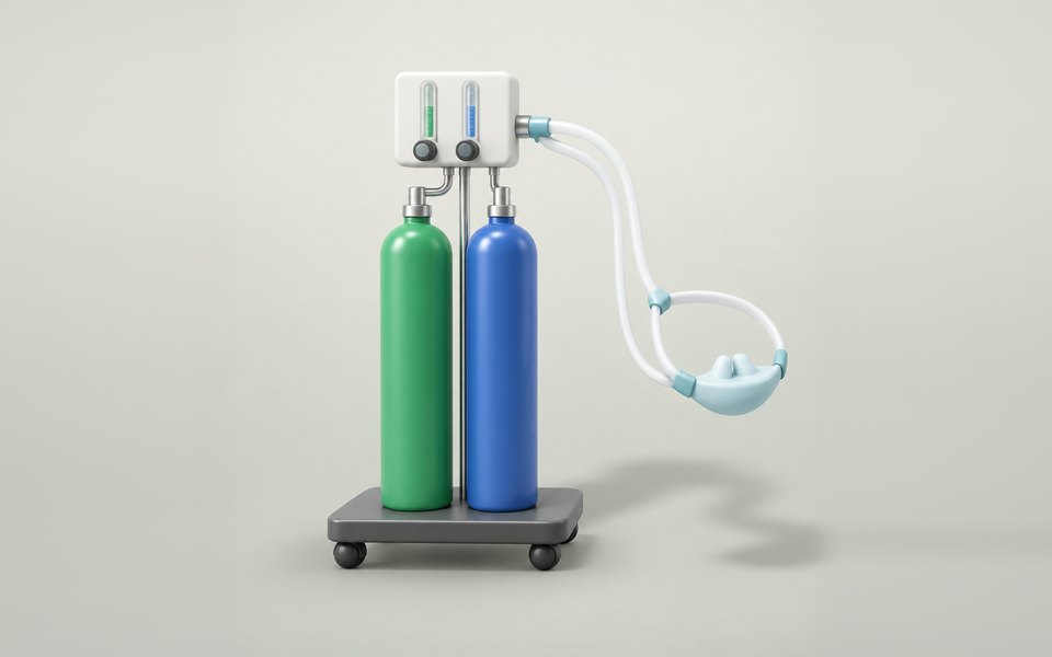 Equipamento de sedação consciente com cilindros de oxigênio e óxido nitroso, fluxômetro e máscara nasal
